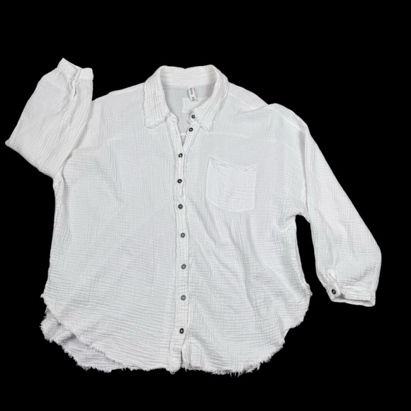 Zenana Outfitters Tops - Zenana Double Gauze Oversized White Super Soft Button Down Shirt Raw Hem 1X